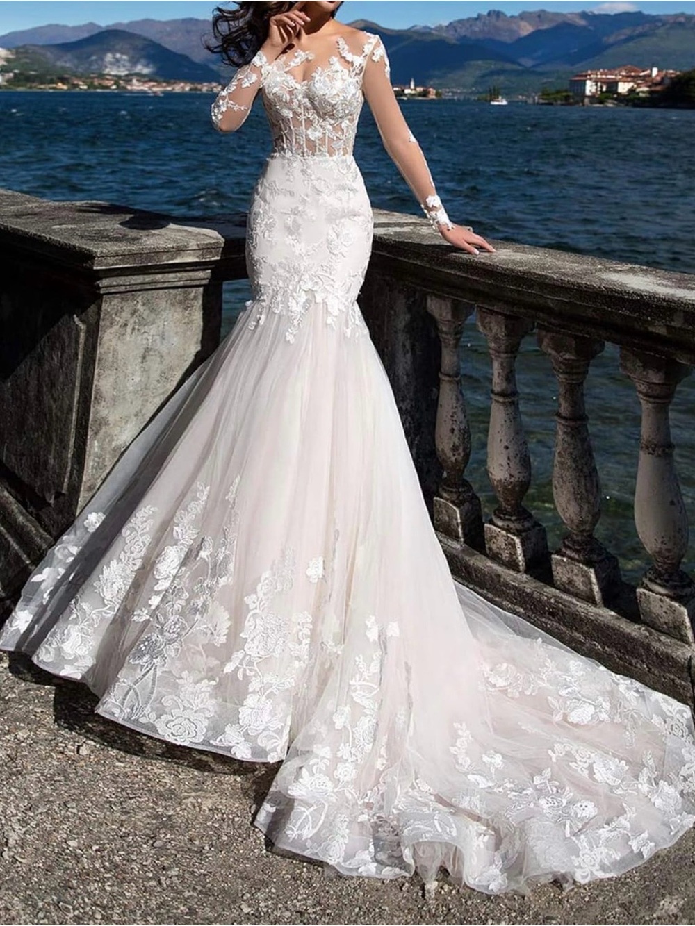 Doresuwe Mermaid Wedding Dress Lace Illusion Long Sleeve Bridal Gown